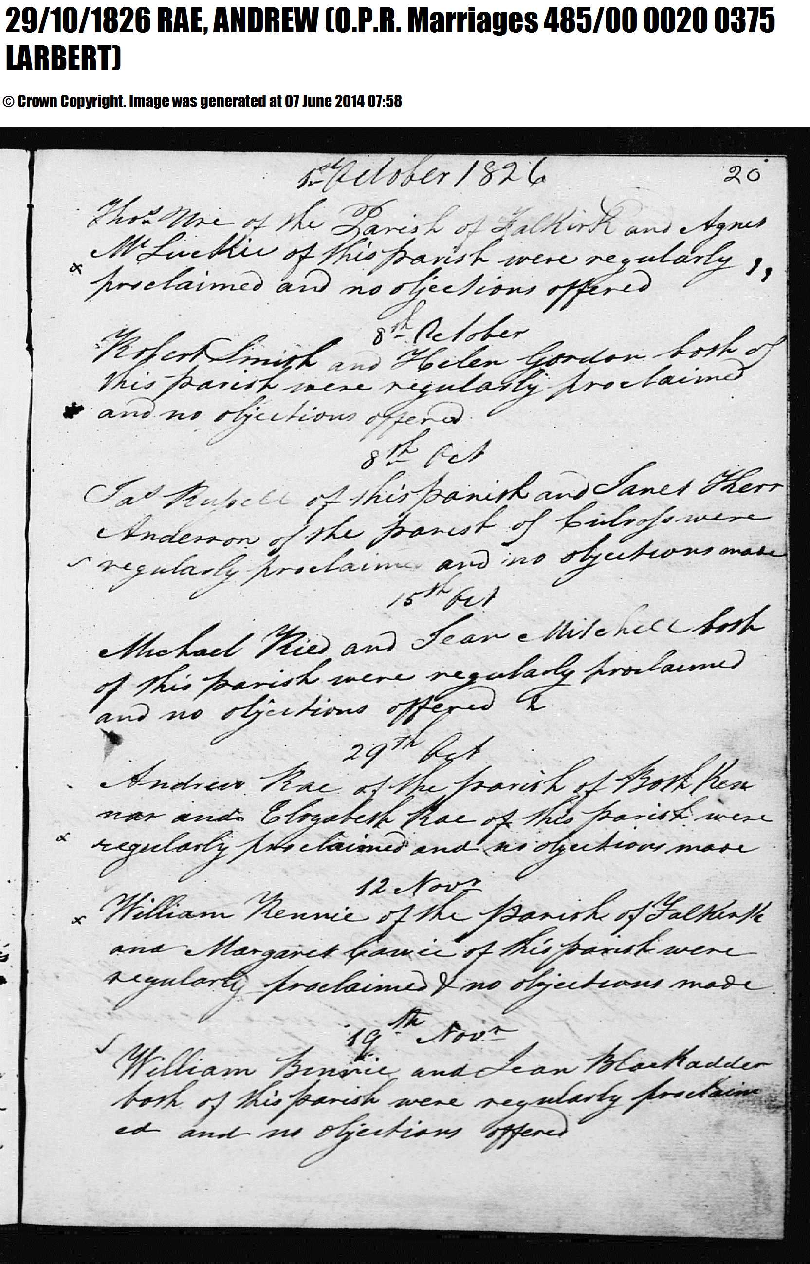 1826 Marriage of Andrew Rae and Elizabeth Rae